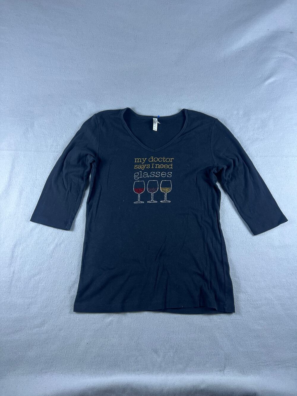 Chris's Stuff T-Shirt Womens XL Black Wine Glasses Rhinestone Graphics Humor Top
